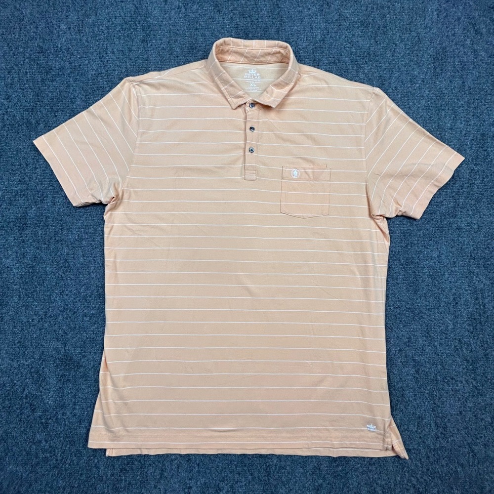Peter Millar Seaside Wash Polo Shirt Mens XL Peach Striped Contemporary Fit Golf